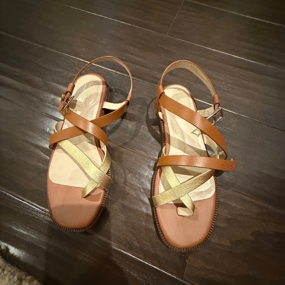Cole Haan Tan and Gold Strappy Sandals